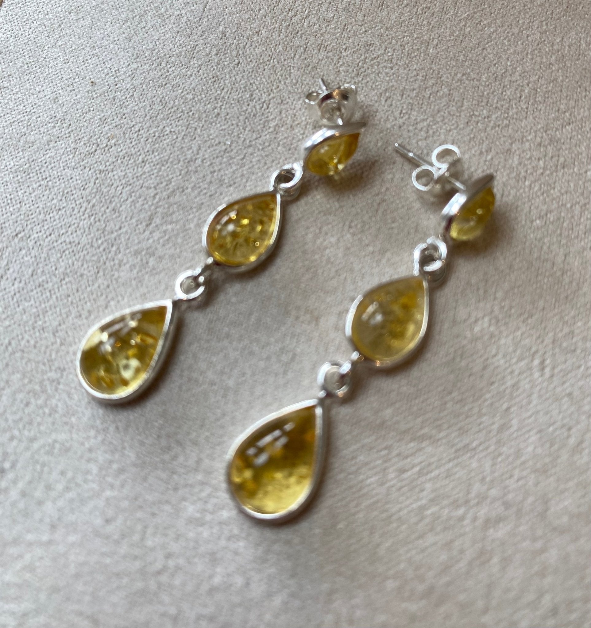 Drop Stud Earrings in Sterling Silver and Lemon Baltic Amber Teardrops - Louise's Jewellery Box