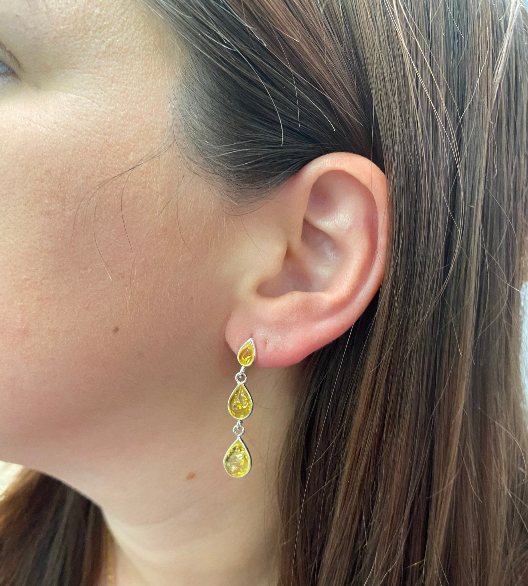 Drop Stud Earrings in Sterling Silver and Lemon Baltic Amber Teardrops - Louise's Jewellery Box