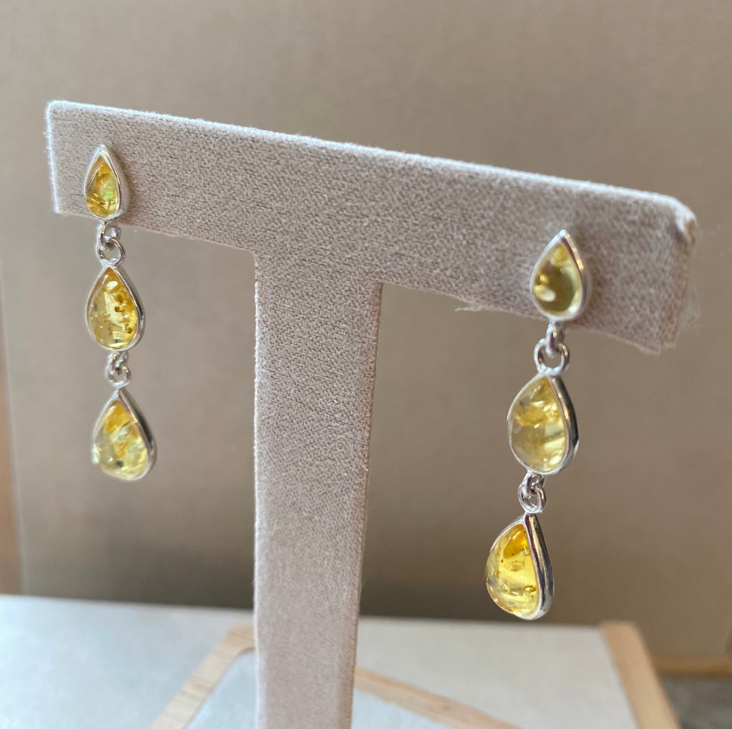 Drop Stud Earrings in Sterling Silver and Lemon Baltic Amber Teardrops - Louise's Jewellery Box