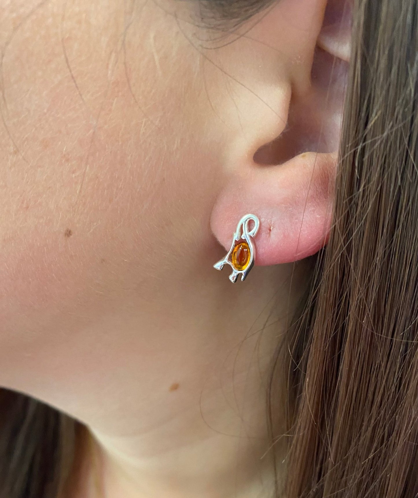 Elephant Stud Earrings in Sterling Silver with Cognac Baltic Amber - Louise's Jewellery Box