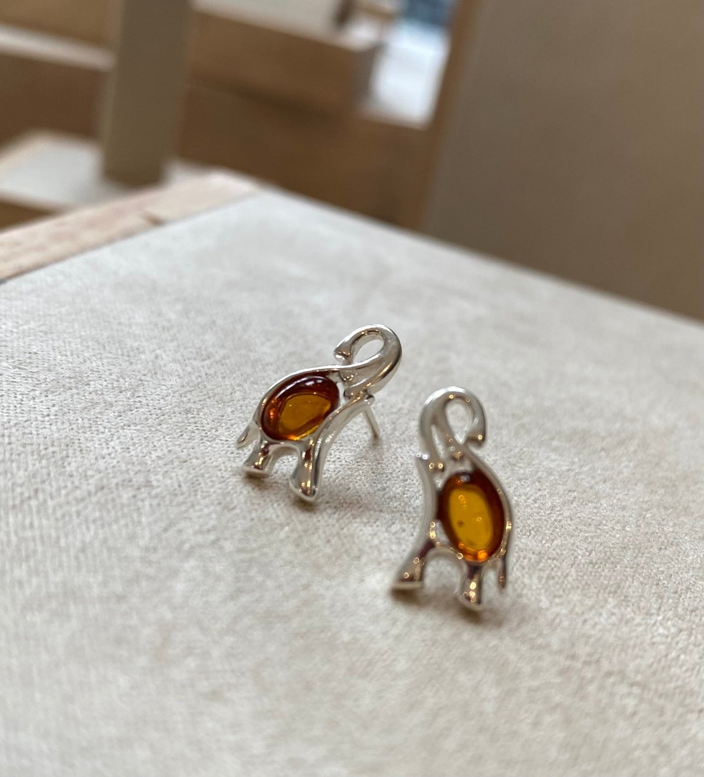 Elephant Stud Earrings in Sterling Silver with Cognac Baltic Amber - Louise's Jewellery Box