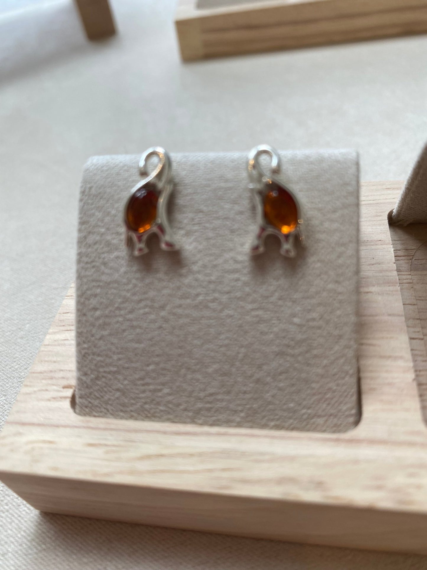 Elephant Stud Earrings in Sterling Silver with Cognac Baltic Amber - Louise's Jewellery Box