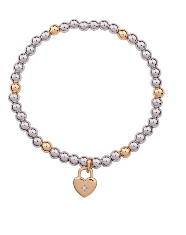 Emily Rhodium and Gold Plated Stretch Bracelet with Heart Charm - Louise's Jewellery Box