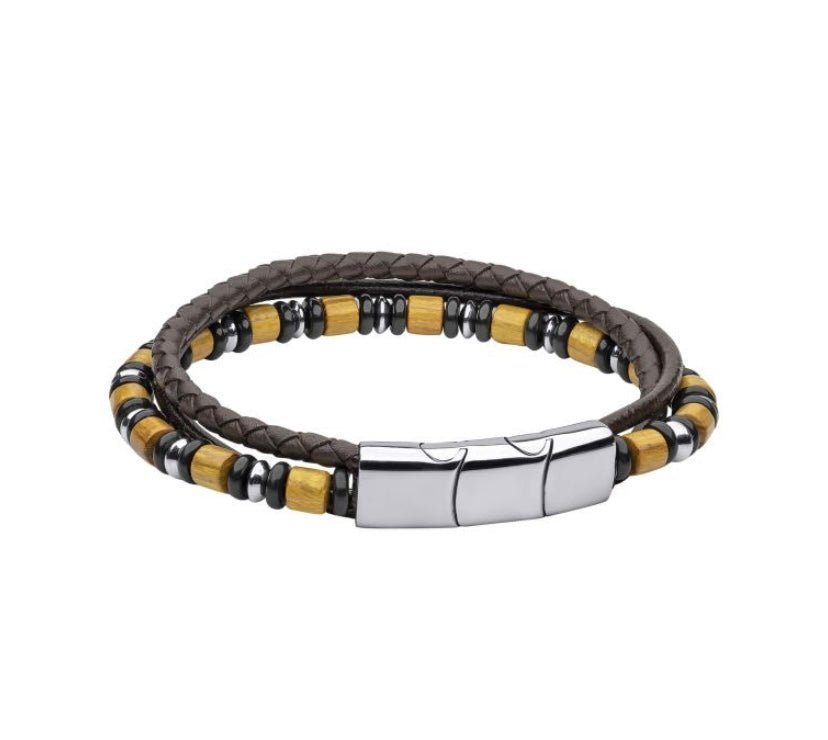 Fred Bennett Multi Layered Leather Bracelet with Wood and Black Onyx Beads - Louise's Jewellery Box