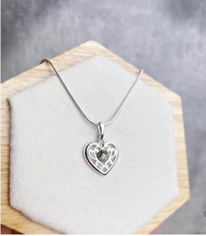 Celtic Heart Pendant in Sterling Silver with Green Baltic Amber