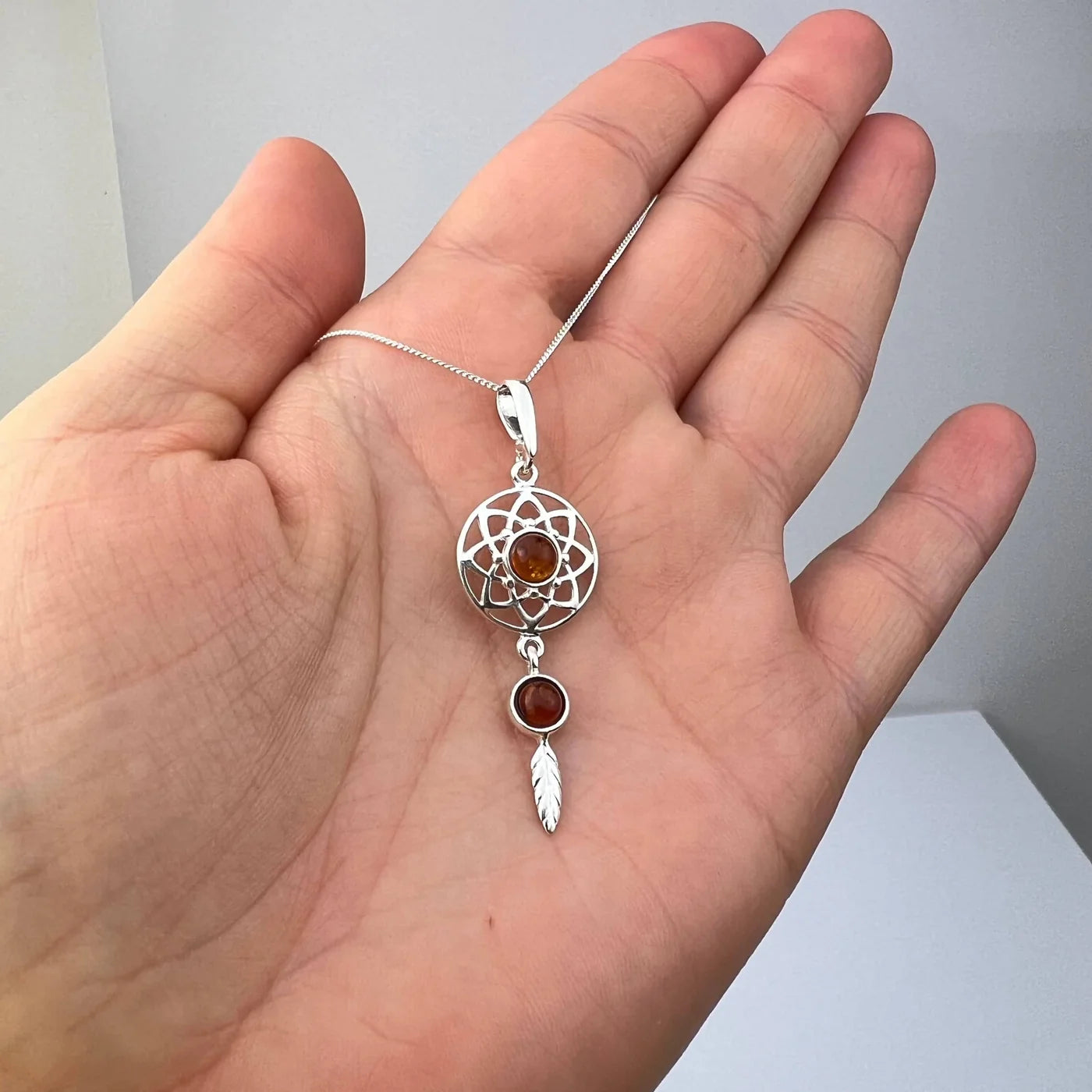 Dreamcatcher Pendant in Sterling Silver with Cognac Baltic Amber