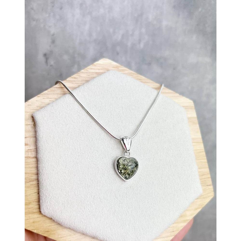 Classic Heart Pendant in Sterling Silver with Green Baltic Amber