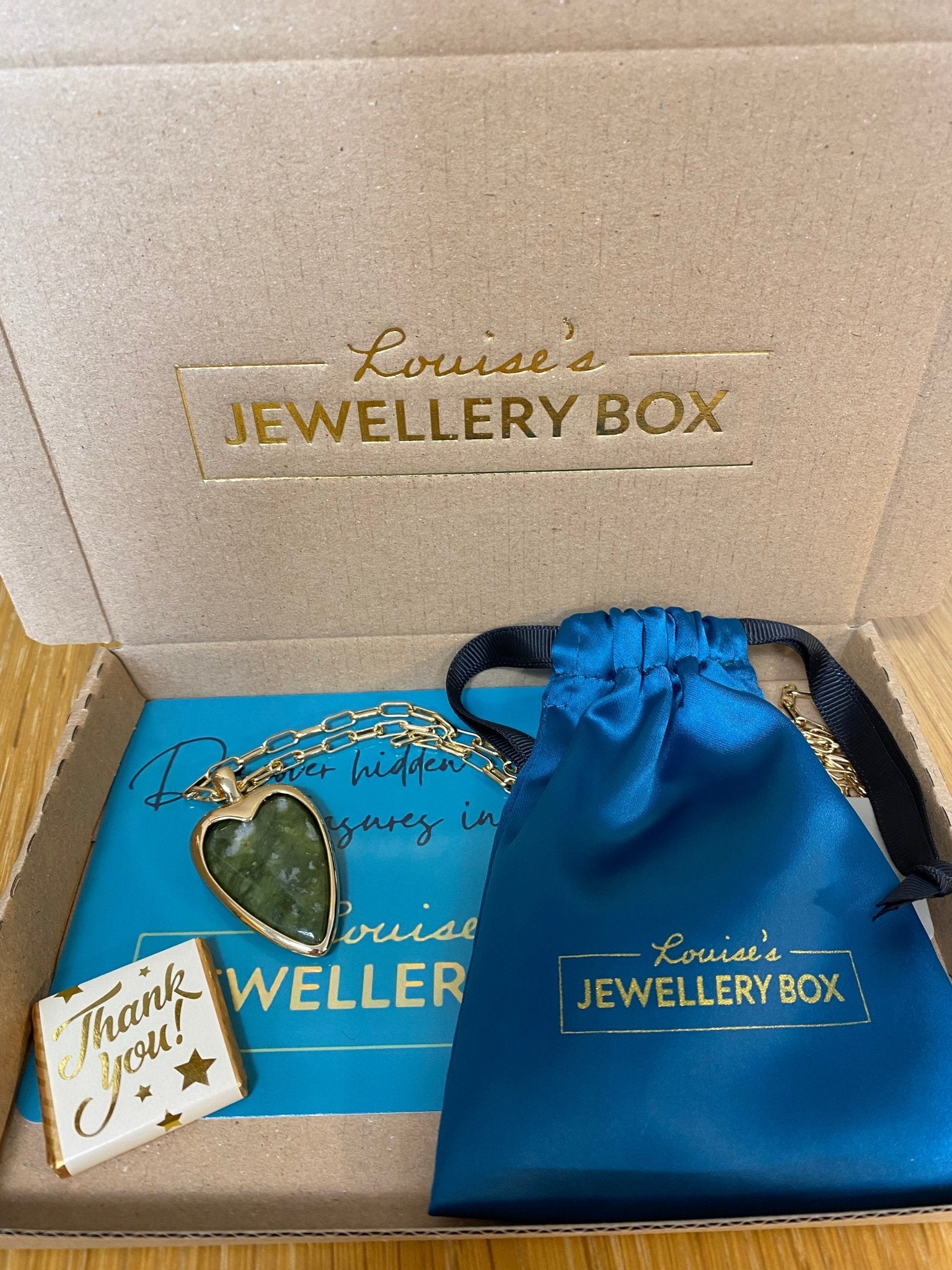 Gold Long Necklace with Green Agate Heart - Louise's Jewellery Box