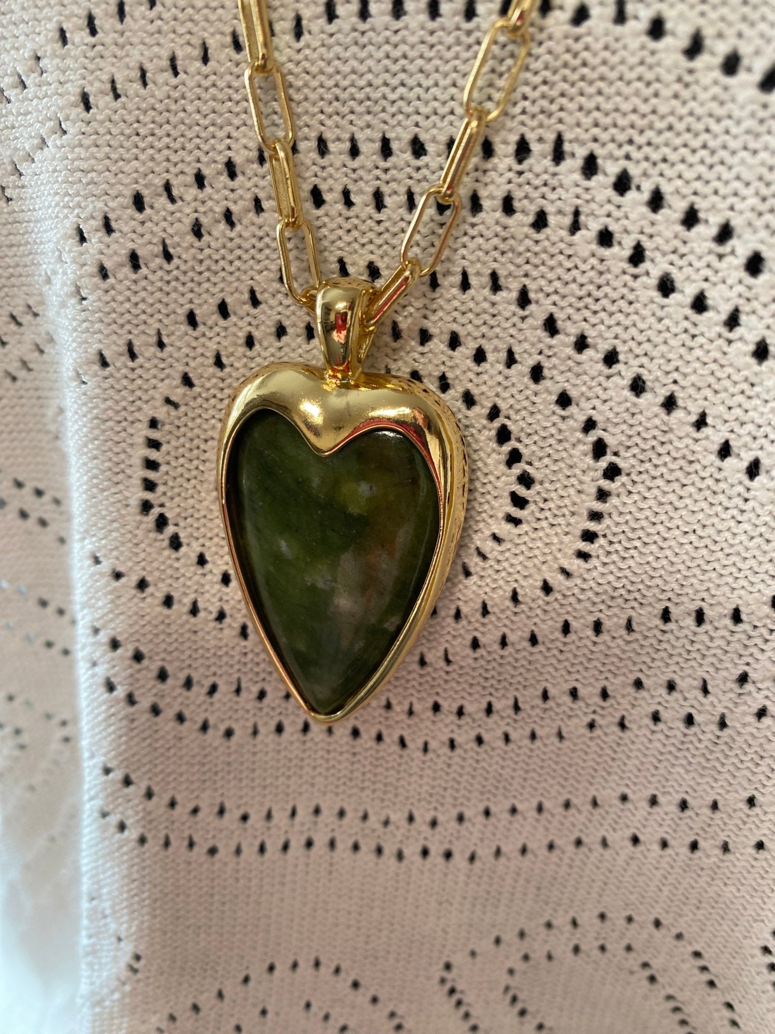Gold Long Necklace with Green Agate Heart - Louise's Jewellery Box