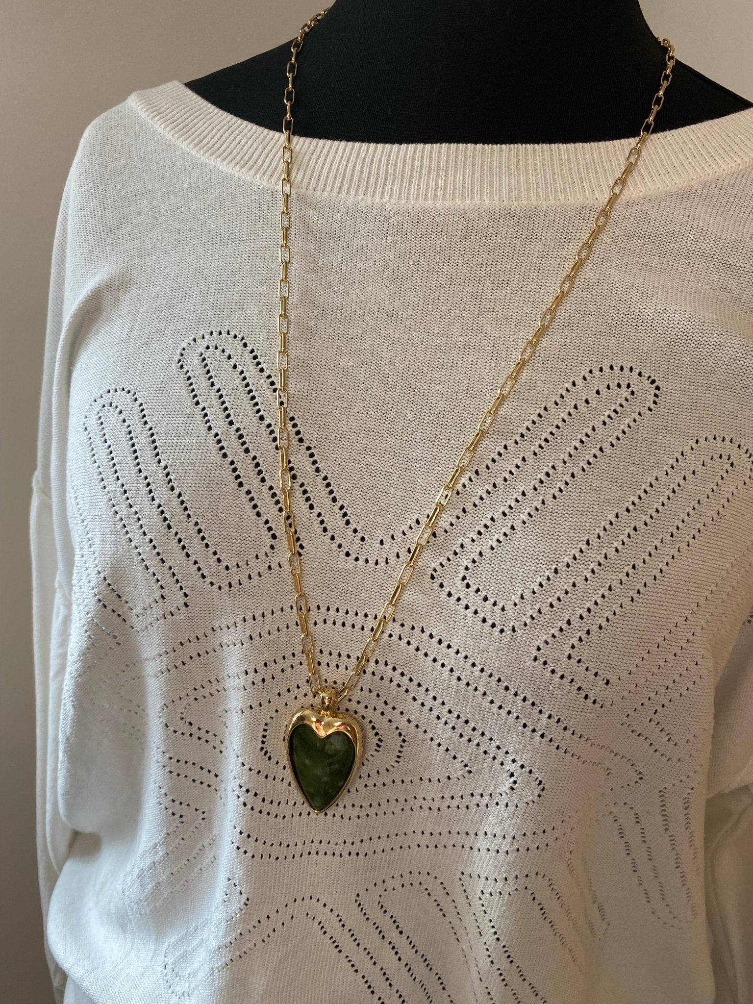Gold Long Necklace with Green Agate Heart - Louise's Jewellery Box