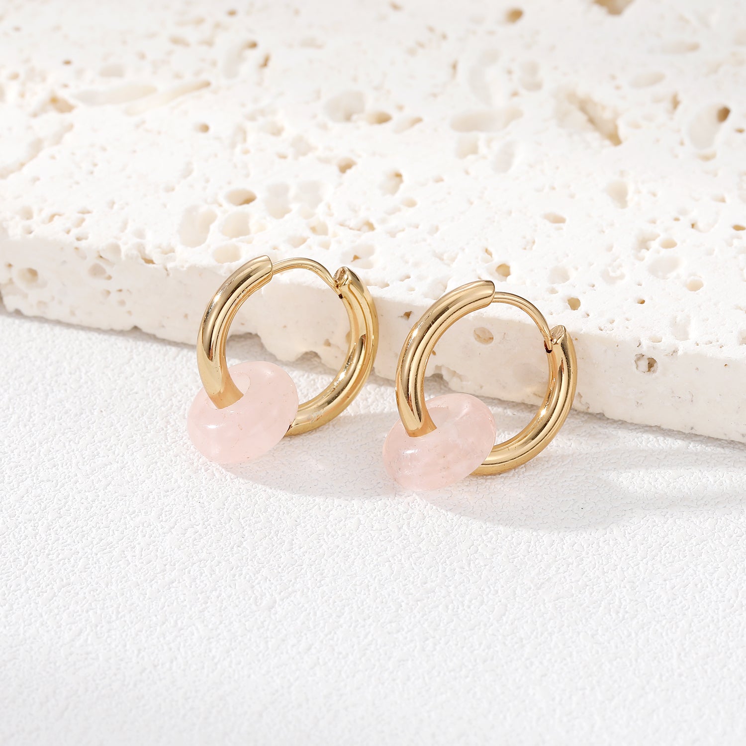 Gold Plated Huggies with Rose Quartz Stone - Louise's Jewellery Box
