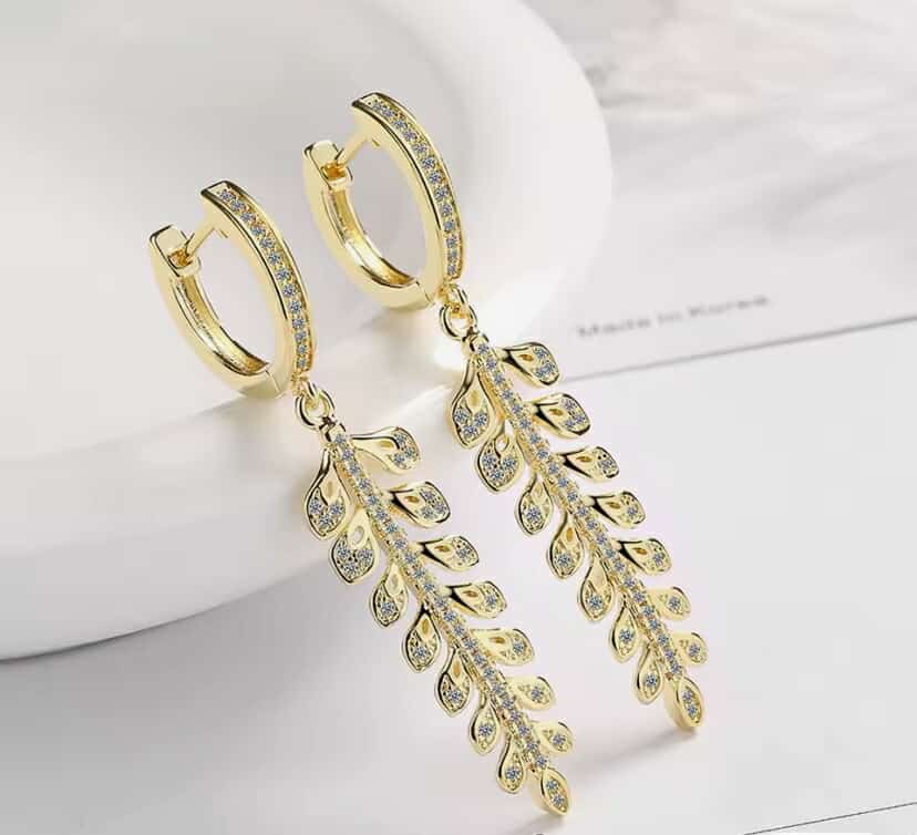 Gold Plated Sterling Silver Crystal Huggies with Drop Leaf Design - Louise's Jewellery Box