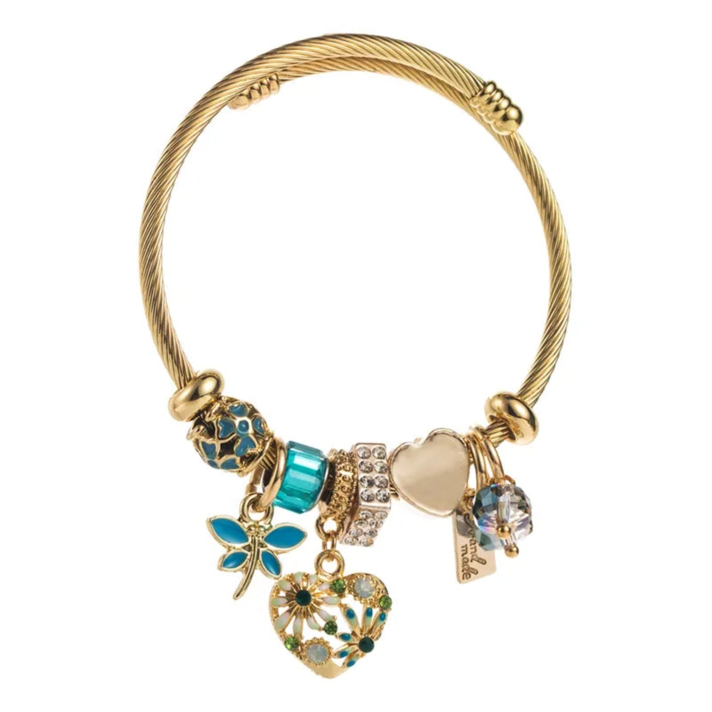 Gold Plated Waterproof Flexible Bangle with Blue Lucky Charms - Louise's Jewellery Box