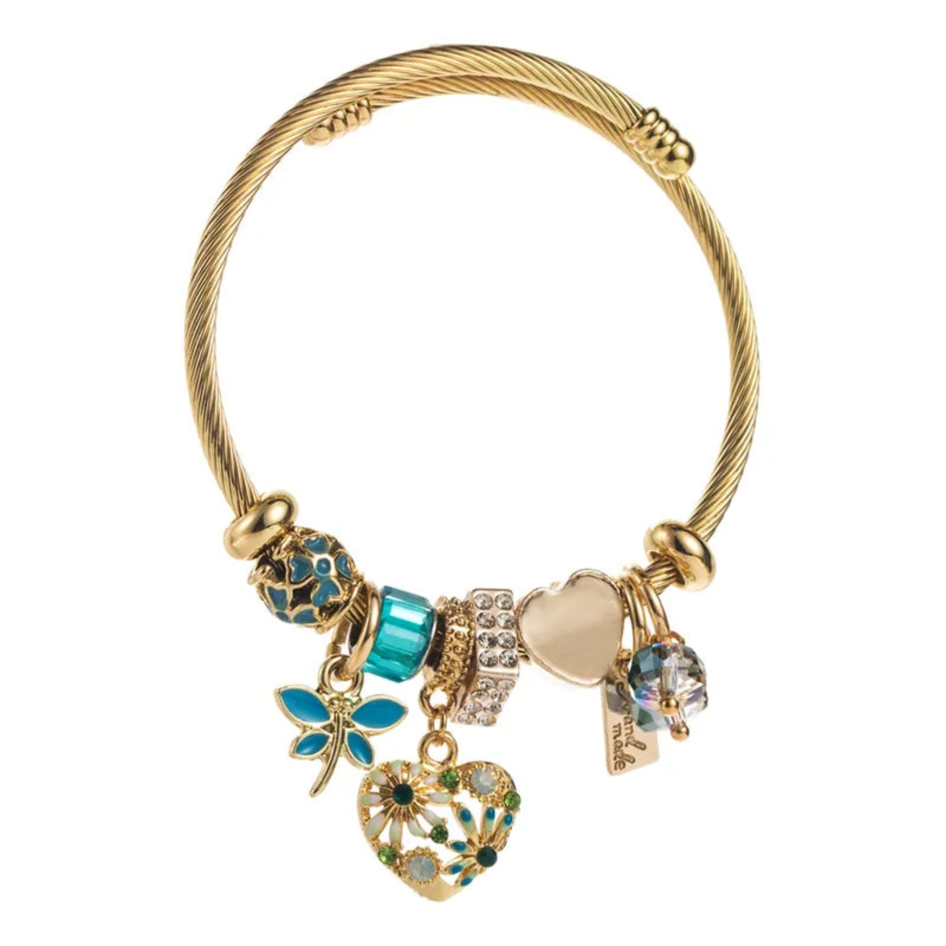 Gold Plated Waterproof Flexible Bangle with Blue Lucky Charms - Louise's Jewellery Box