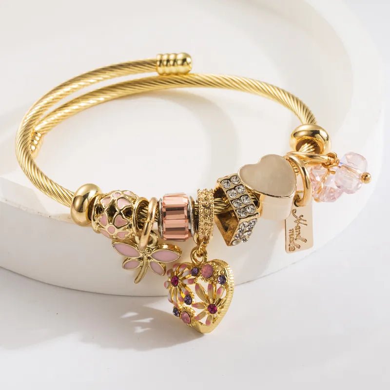 Gold Plated Waterproof Flexible Vangle with Pink Lucky Charms - Louise's Jewellery Box