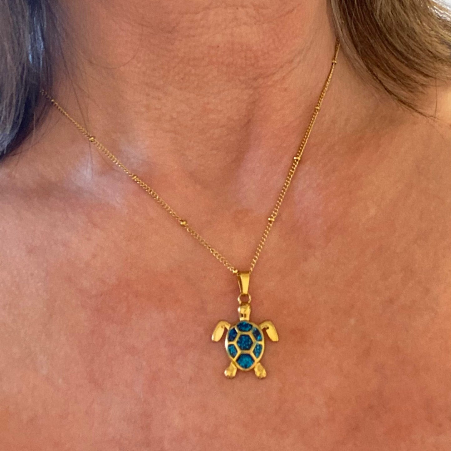 Gold Plated Waterproof Necklace with Turqouise Turtle Charm - Louise's Jewellery Box