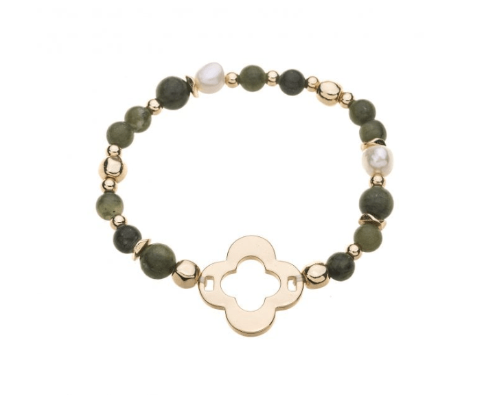 Green Agate and Pearl Gold Plated Stretch Flower Bracelet - Louise's Jewellery Box