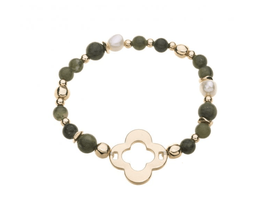 Green Agate and Pearl Gold Plated Stretch Flower Bracelet - Louise's Jewellery Box