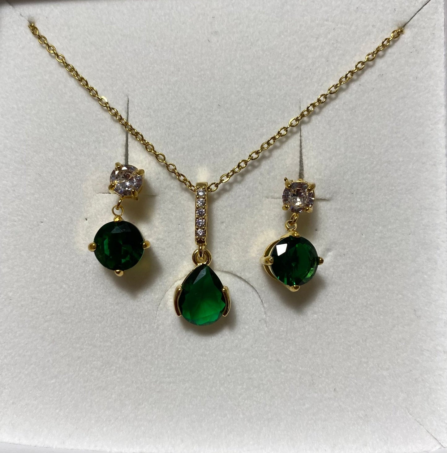 Green and Clear Crystal Gold Plated Necklace and Earrings Set - Louise's Jewellery Box