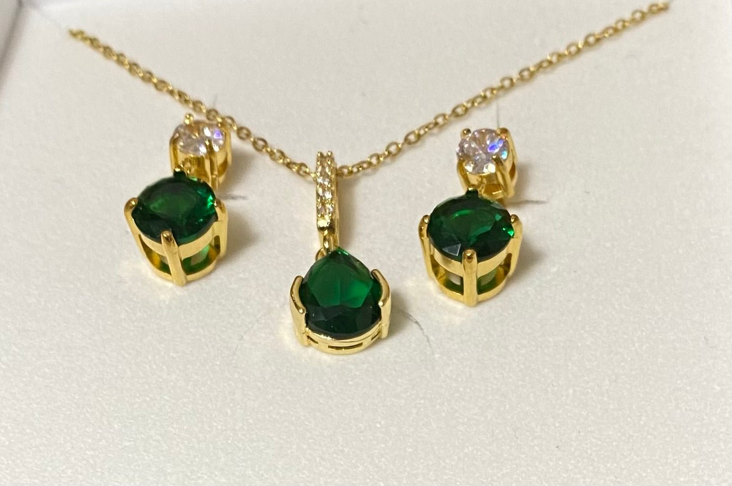 Green and Clear Crystal Gold Plated Necklace and Earrings Set - Louise's Jewellery Box
