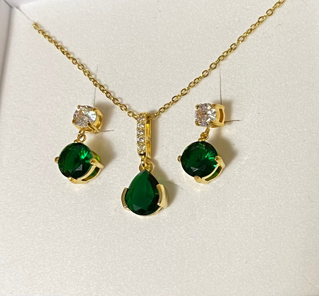 Green and Clear Crystal Gold Plated Necklace and Earrings Set - Louise's Jewellery Box