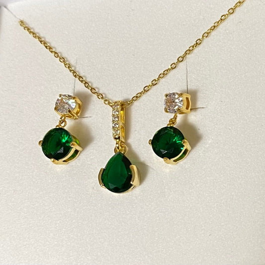 Green and Clear Crystal Gold Plated Necklace and Earrings Set - Louise's Jewellery Box