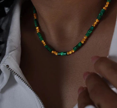 Green and Gold Beaded Waterproof Necklace - Louise's Jewellery Box