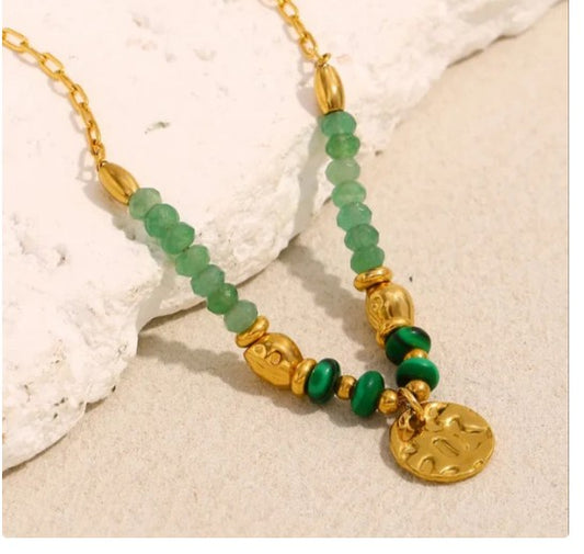Green with Gold Hammered Disc Waterproof Necklace