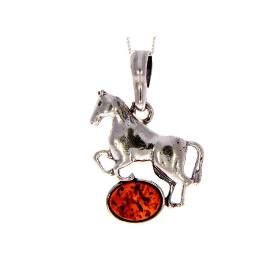 Horse Pendant in Sterling Silver with Cognac Baltic Amber - Louise's Jewellery Box