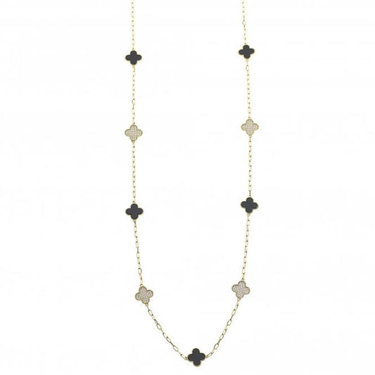 Lana Long Black Enamel and Crystal Quatrefoil Gold Necklace - Louise's Jewellery Box
