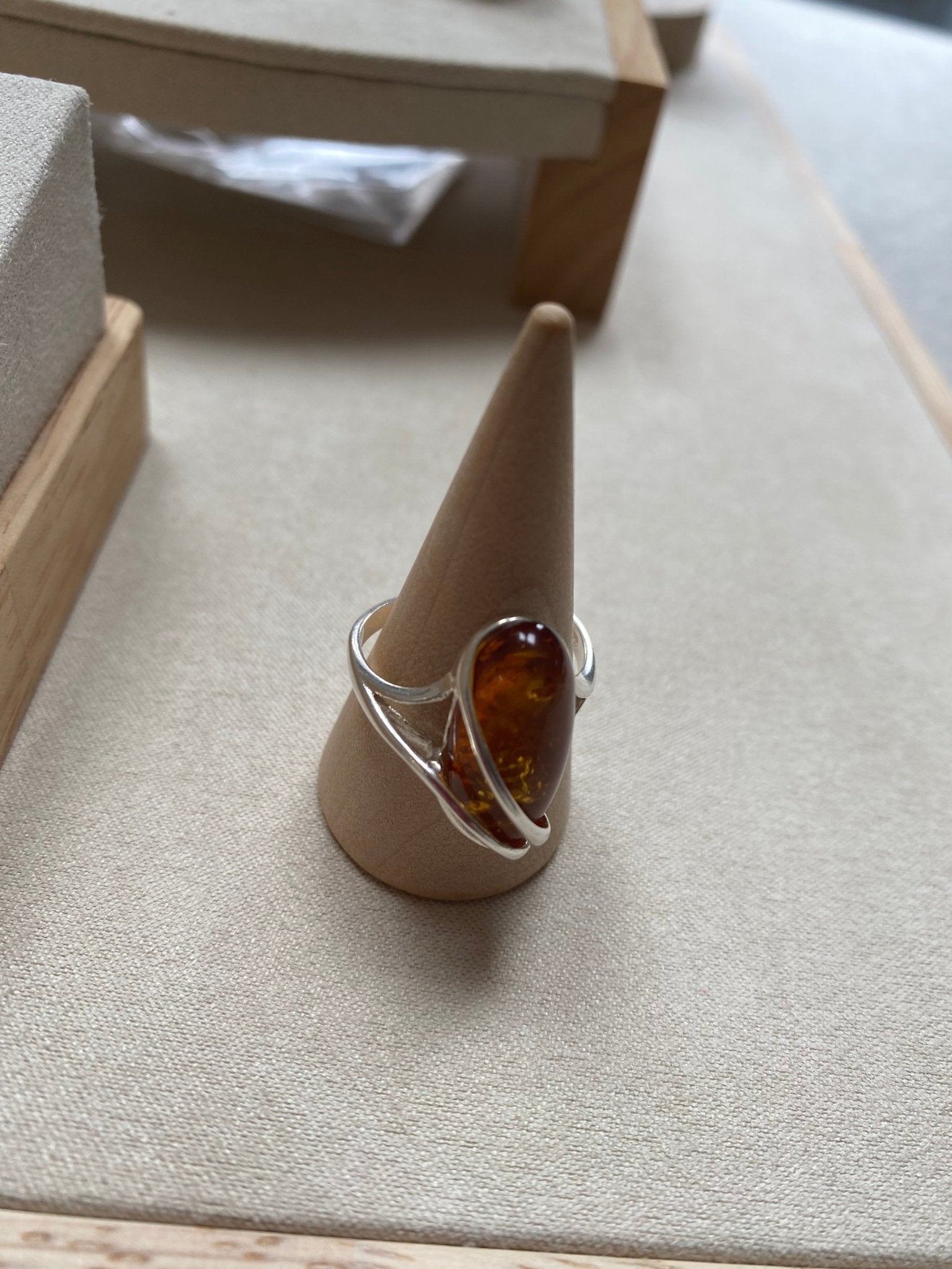 Large Stone Adjustable Ring in Sterling Silver and Cognac Baltic Amber - Louise's Jewellery Box