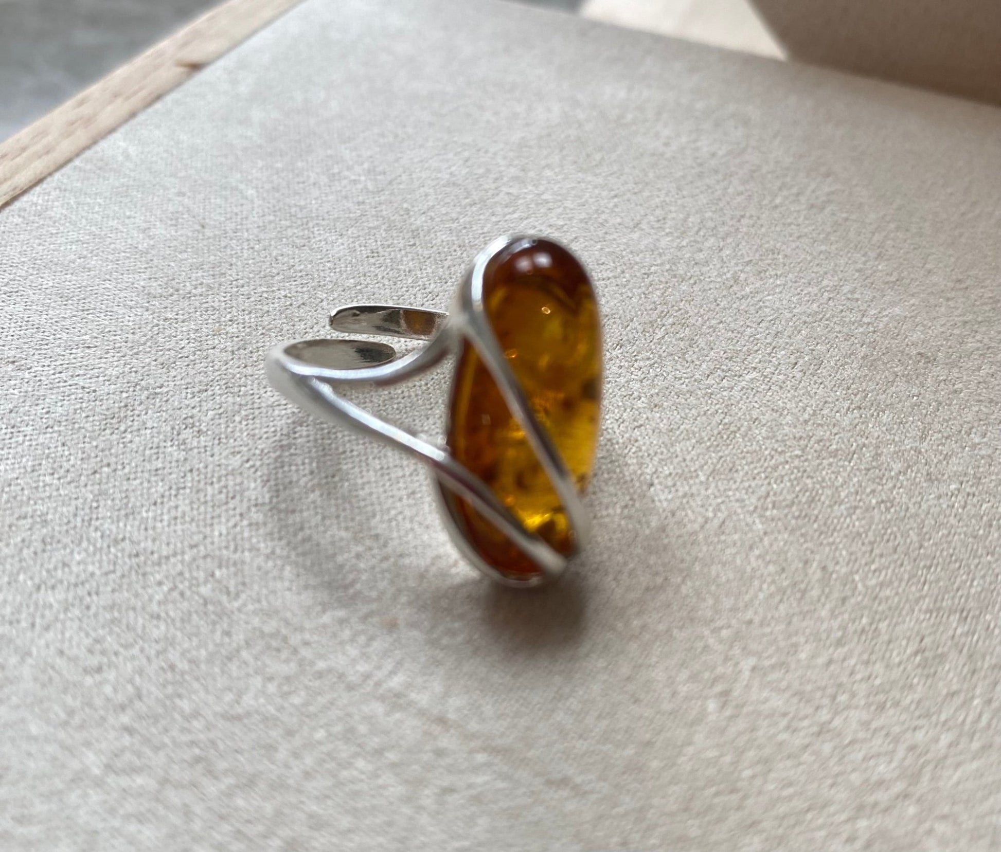 Large Stone Adjustable Ring in Sterling Silver and Cognac Baltic Amber - Louise's Jewellery Box