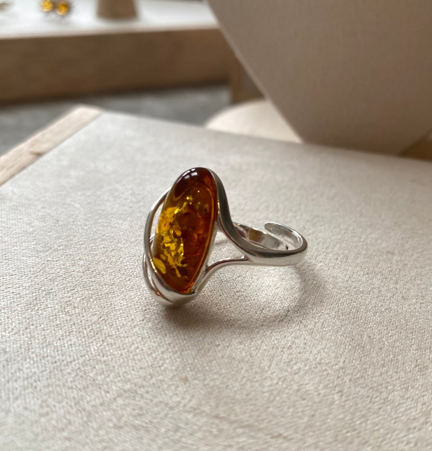 Large Stone Adjustable Ring in Sterling Silver and Cognac Baltic Amber - Louise's Jewellery Box