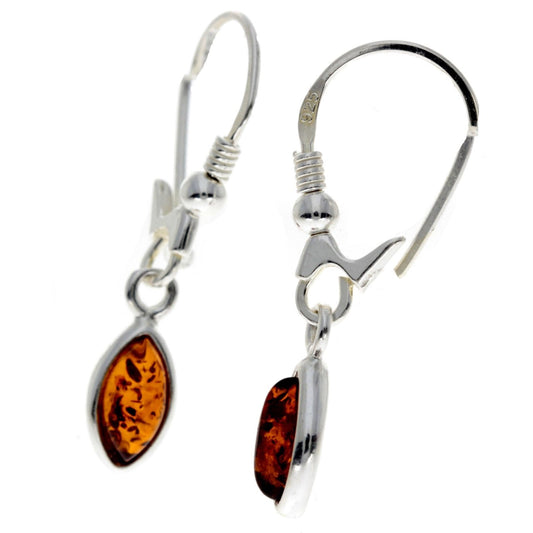 Leaf shape Drop Earrings in Sterling Silver with Cognac Baltic Amber - Louise's Jewellery Box