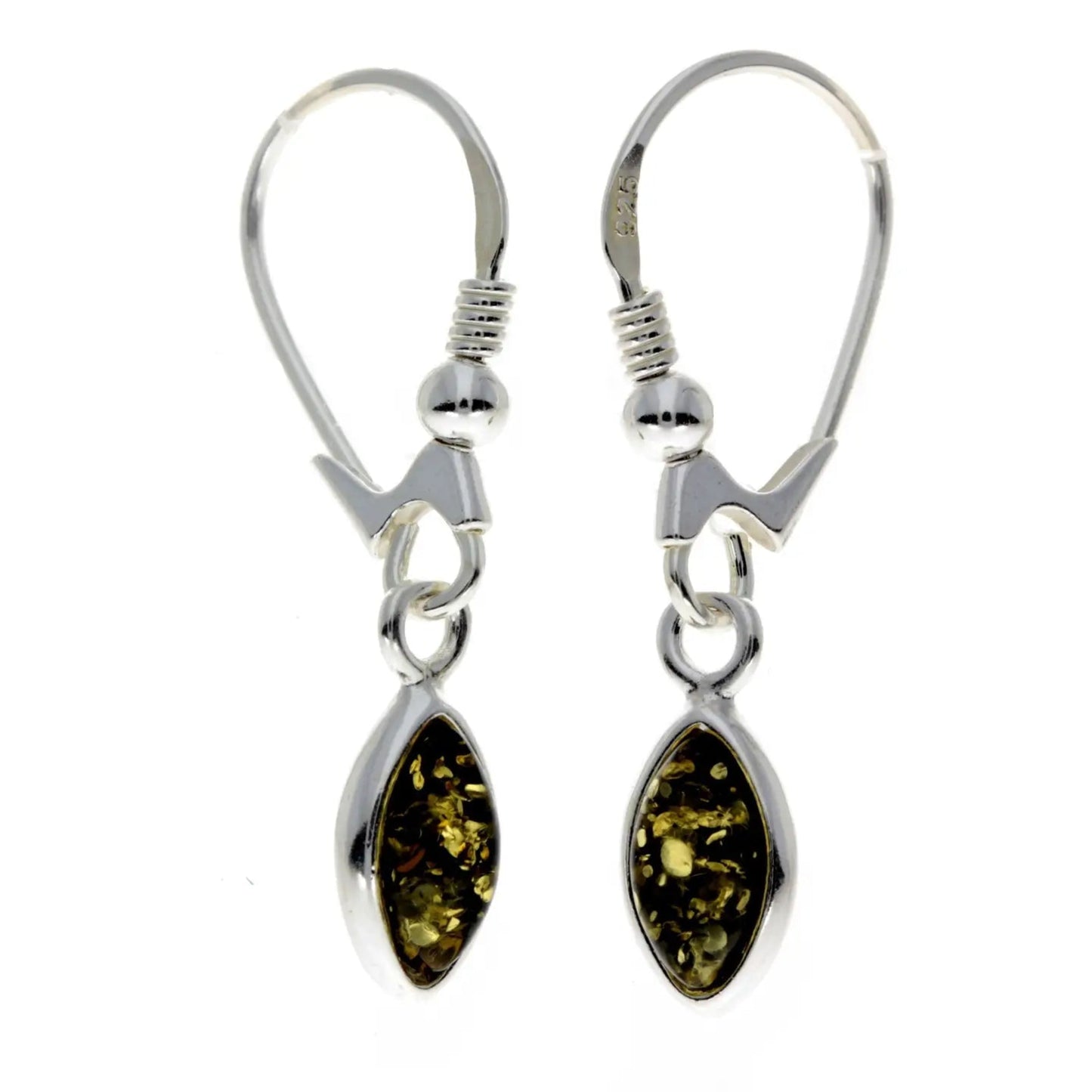 Green Baltic amber leaf drop earrings in sterling silver with marquise stone

