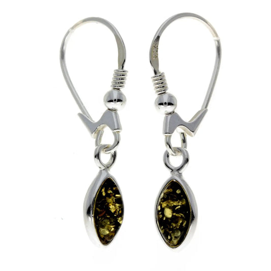 Green Baltic amber leaf drop earrings in sterling silver with marquise stone

