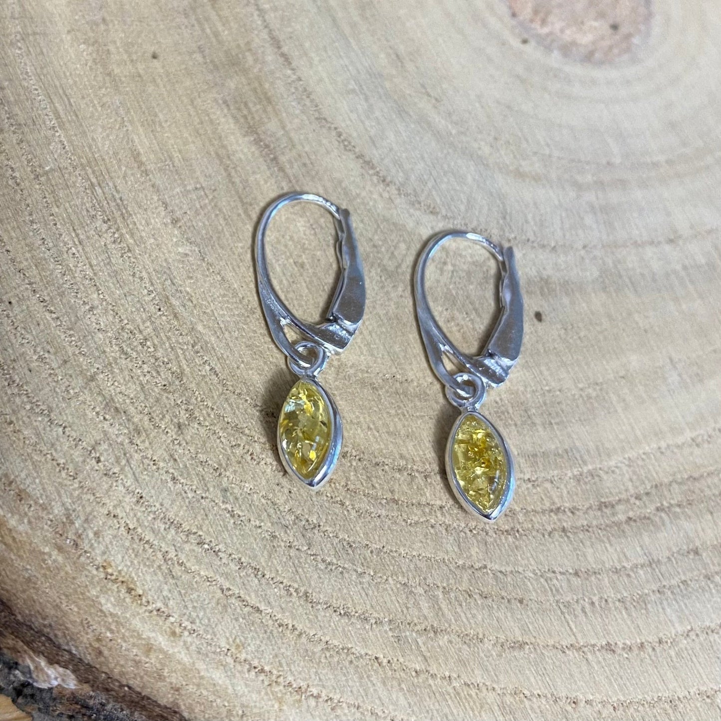 Leaf Shape Drop Earrings in Sterling Silver with Honey Baltic Amber - Louise's Jewellery Box