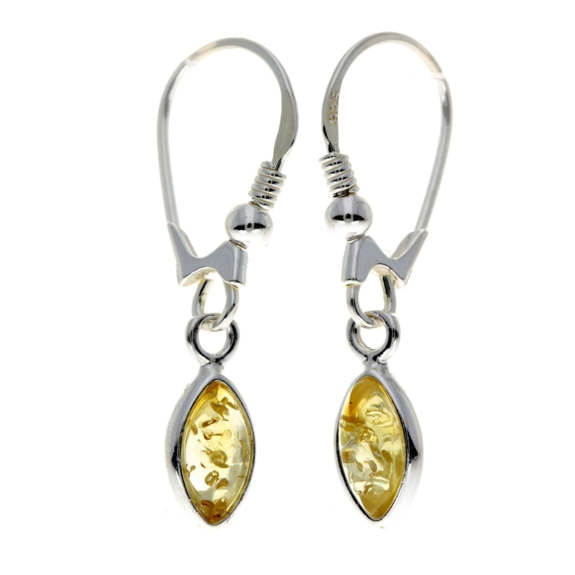 Leaf Shape Drop Earrings in Sterling Silver with Honey Baltic Amber - Louise's Jewellery Box