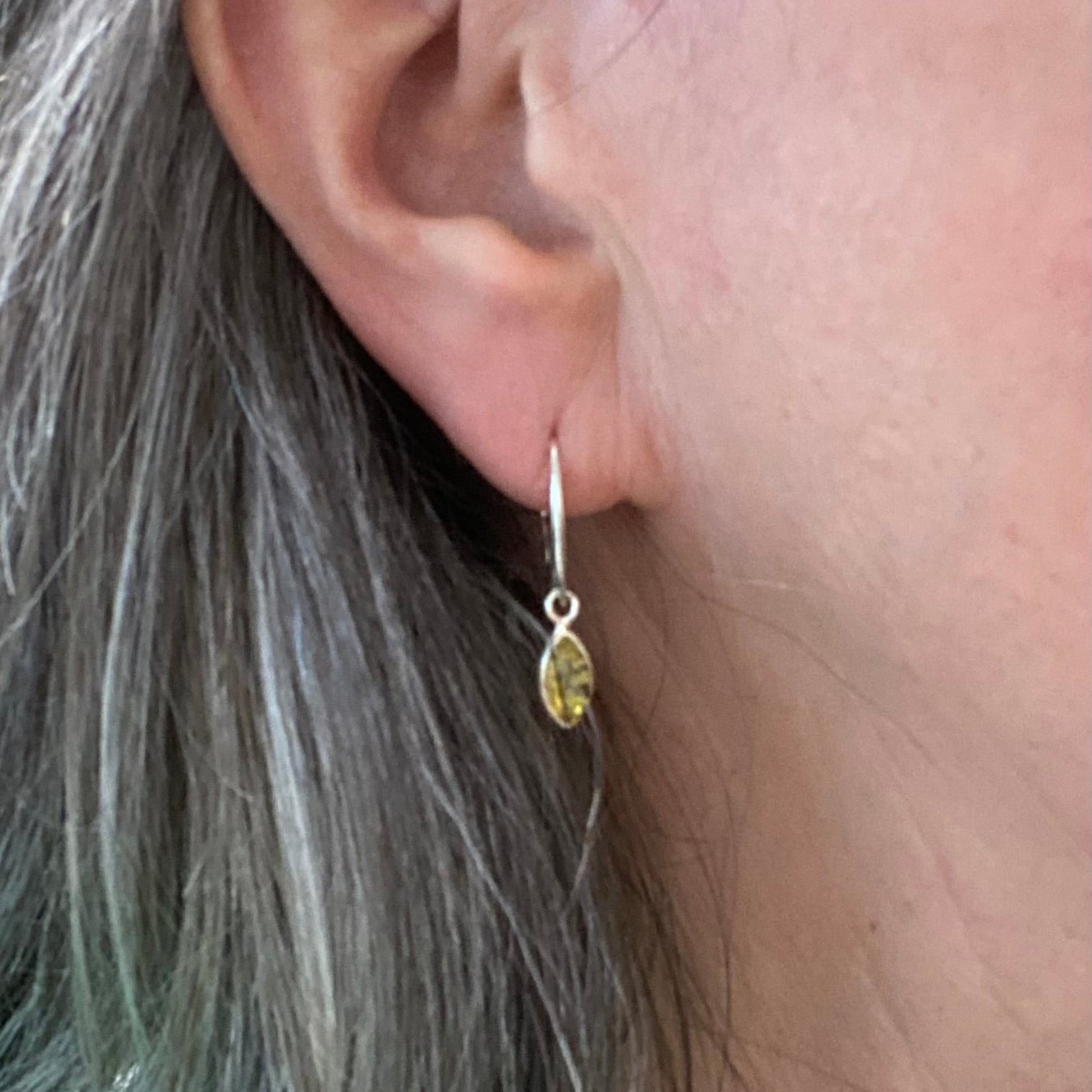 Leaf Shape Drop Earrings in Sterling Silver with Honey Baltic Amber - Louise's Jewellery Box