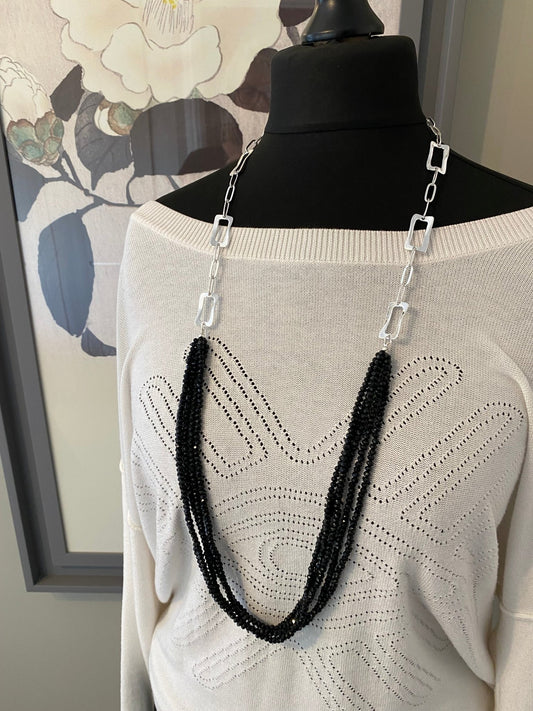 Long Silver Necklace with Black Beading - Louise's Jewellery Box
