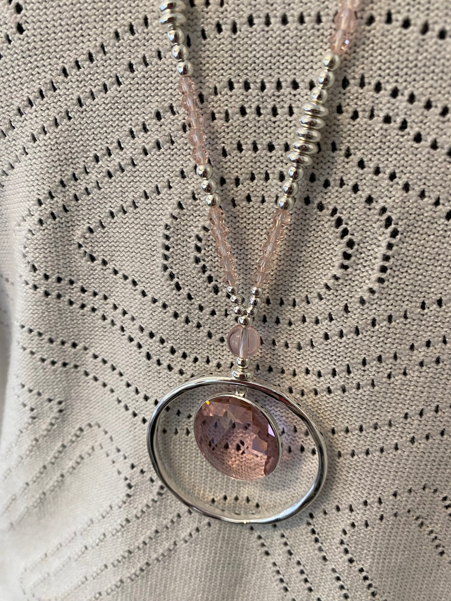 Long Silver Necklace with Pink Charm - Louise's Jewellery Box