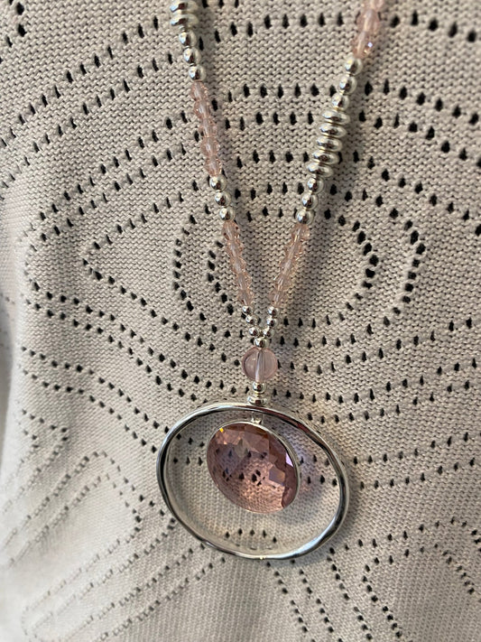 Long Silver Necklace with Pink Charm - Louise's Jewellery Box