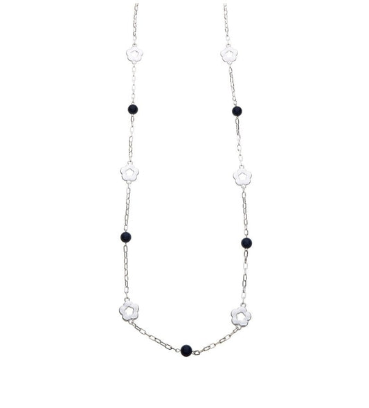 Long Silver Plated Necklace with Flower Motif and Lapis Stones - Louise's Jewellery Box