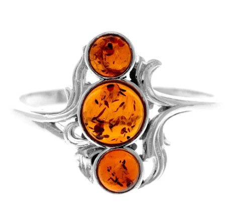 Triple Stone Ring in Sterling Silver and Cognac Baltic Amber