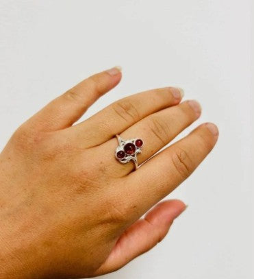 Triple Stone Ring in Sterling Silver and Cognac Baltic Amber
