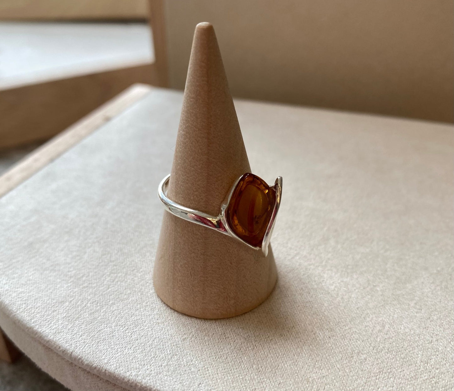 Modern Adjustable Ring in Sterling Silver and Cognac Baltic Amber - Louise's Jewellery Box