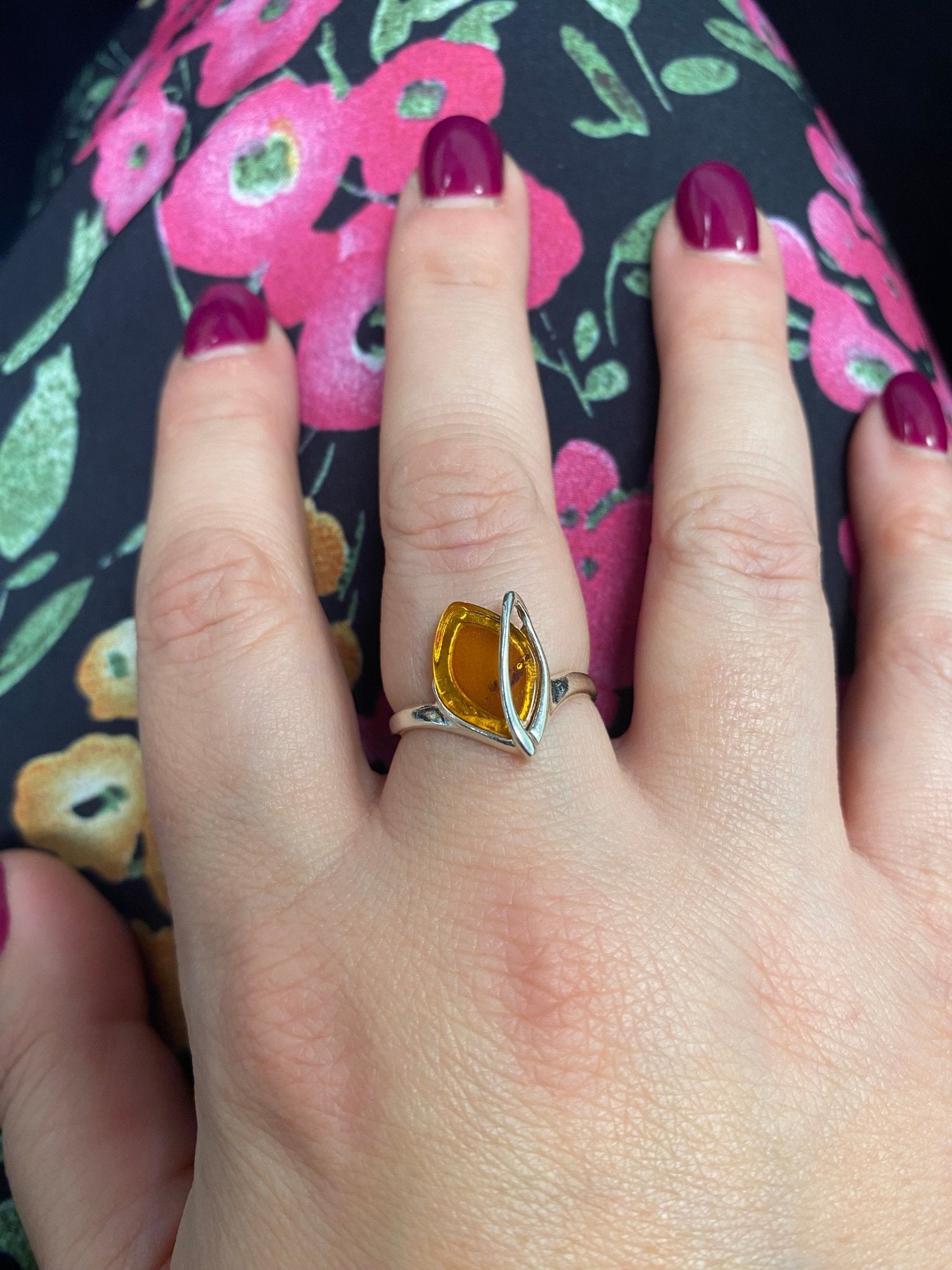 Modern Adjustable Ring in Sterling Silver and Cognac Baltic Amber - Louise's Jewellery Box