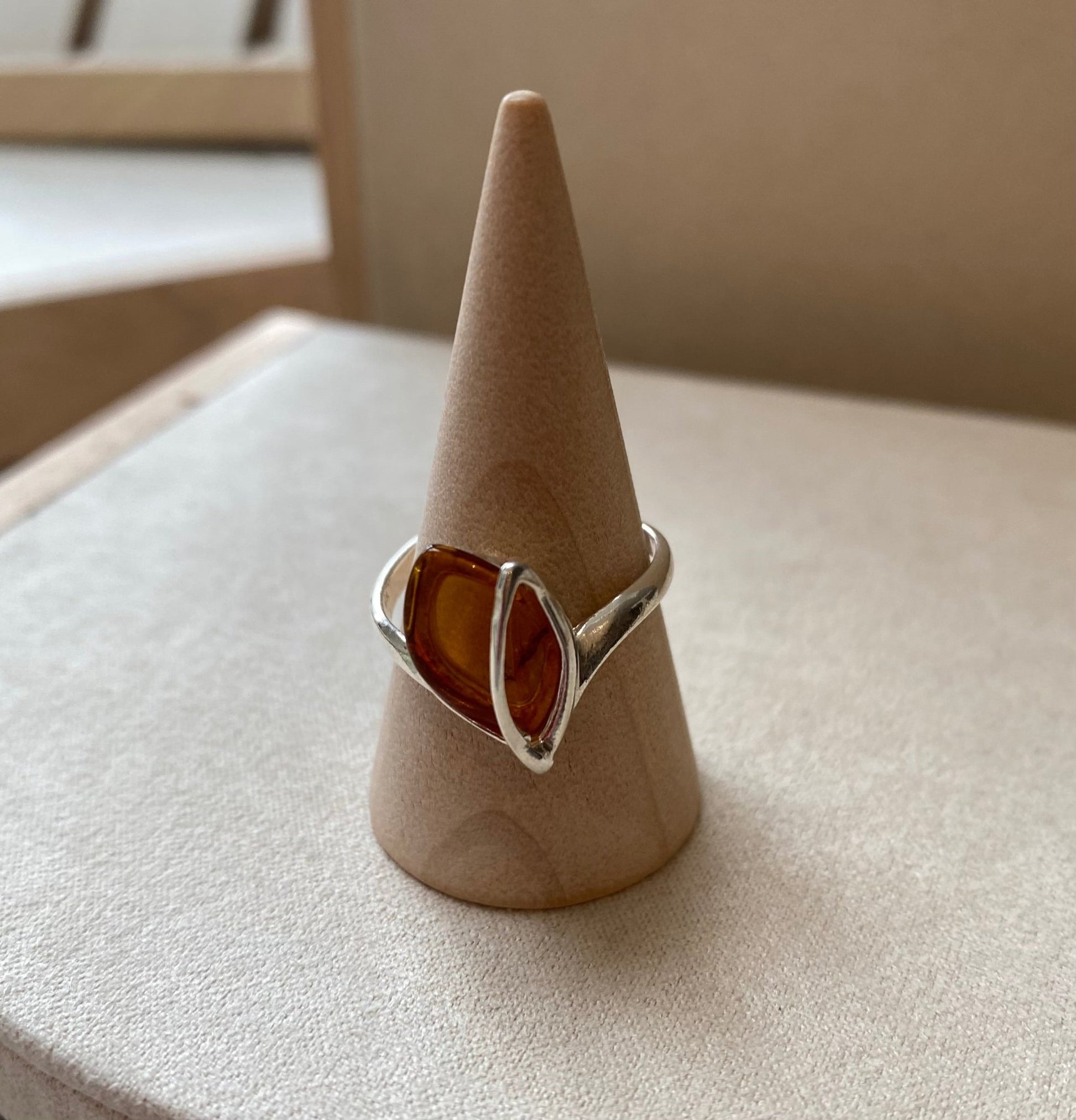 Modern Adjustable Ring in Sterling Silver and Cognac Baltic Amber - Louise's Jewellery Box