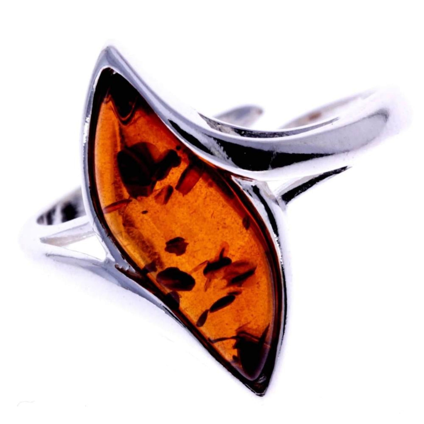 Modern adjustable ring in sterling silver with cognac Baltic amber, with dark inclusions.