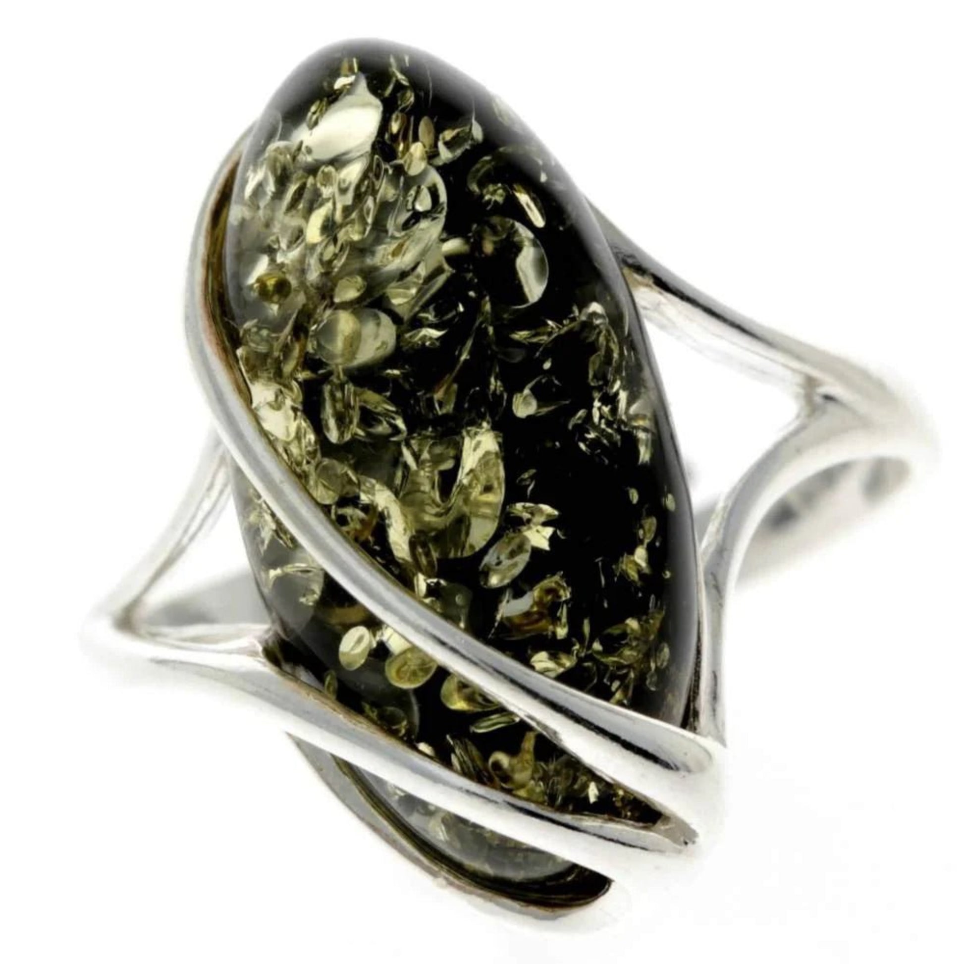 Modern adjustable ring with large green Baltic amber stone in 925 sterling silver

